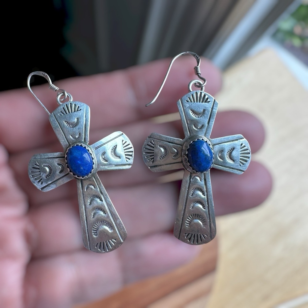 Vintage Navajo Artisan Hook Dangle Cross Earrings 2 Inch Lapis 925 Sterling 6.9g